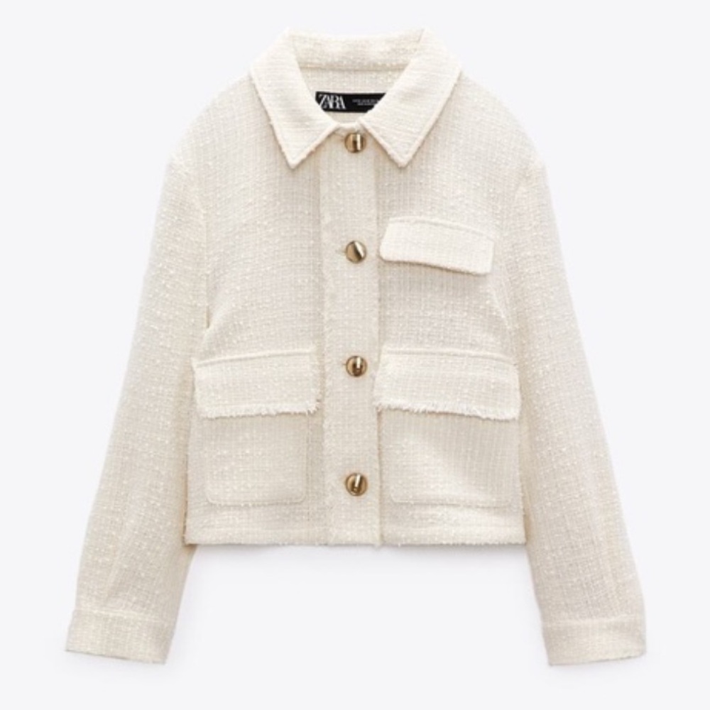 Zara Tweed Textured Gold Buttons Pockets Spring Cream Blazer Jacket Size Large